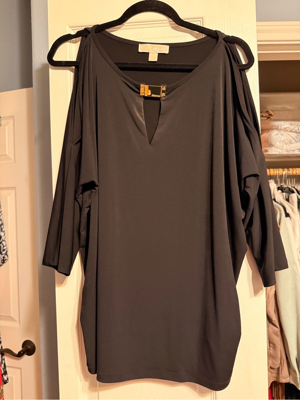 MICHAEL Michael Kors Black Cold-Shoulder Tunic with Gold Accent